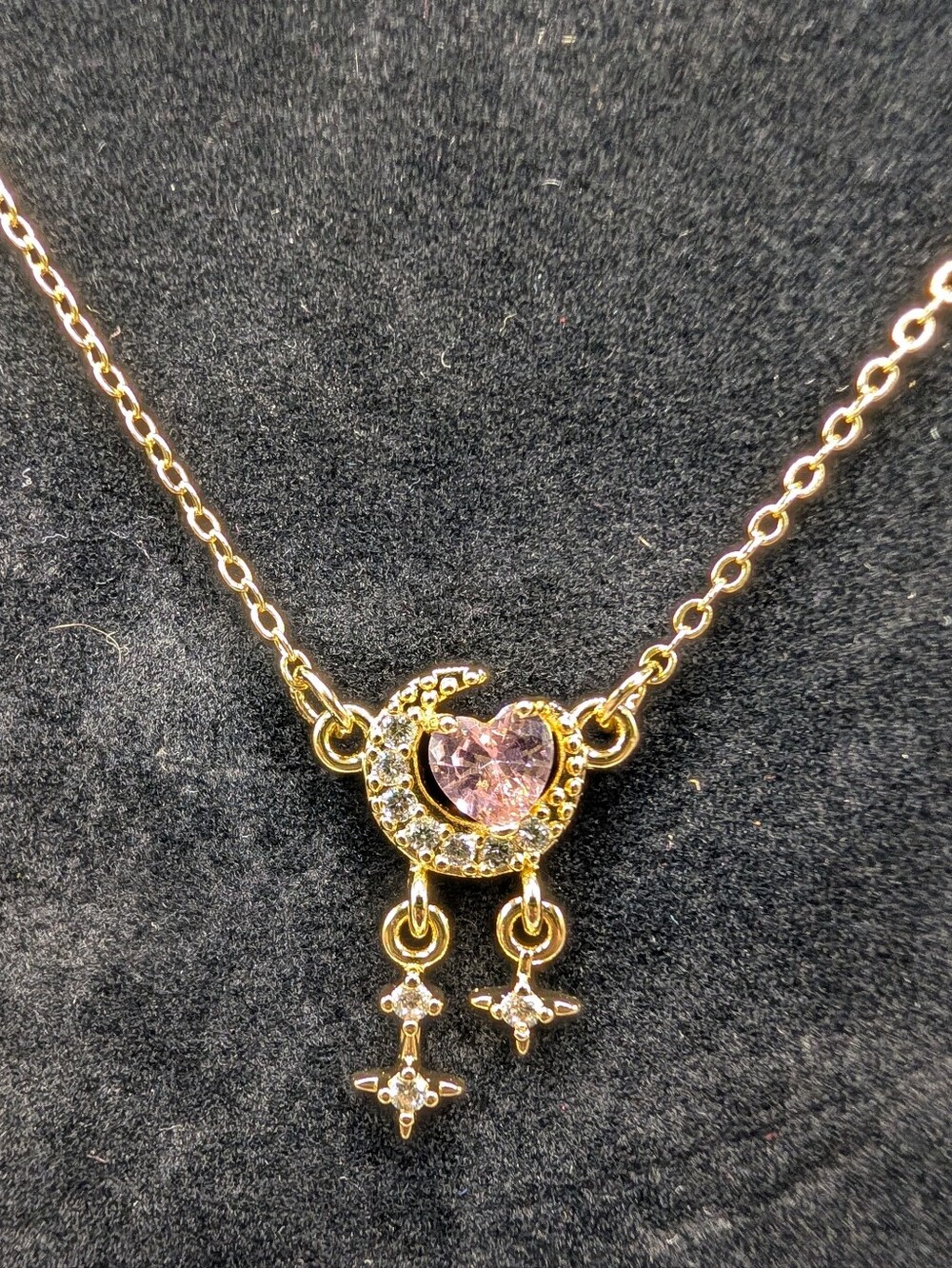 24k Gold Plate Pink Crystal Heart Crescent Moon Pendant Necklace & Earring Set - Picture 2 of 4